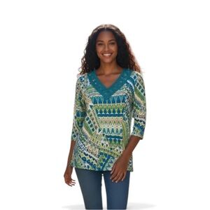 Alfred Dunner, Turquoise Blue Multicolor Top. 3/4 Sleeves. Size PS. NWT.